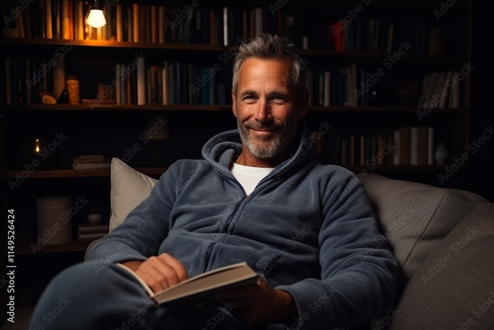 Portrait of a smiling mature man sitting on a sofa at home and reading a book Portrait of a smiling mature man sitting on a sofa at home and reading a book