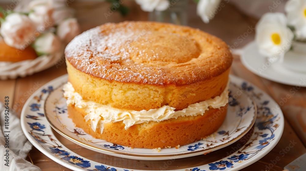 A homemade sponge cake elegantly displayed on a plate is perfect for anniversaries or romantic occasions A homemade sponge cake elegantly displayed on a plate is perfect for anniversaries or romantic occasions