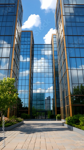 Modern office buildings, courtyard entrance, city reflection, sunny day, corporate brochure. generative ai photo