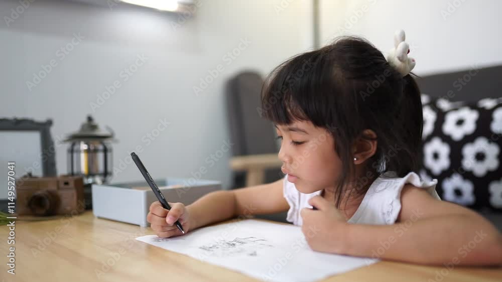 Child drawing with pencils and chalk on the floor at home while studying and playing Child drawing with pencils and chalk on the floor at home while studying and playing