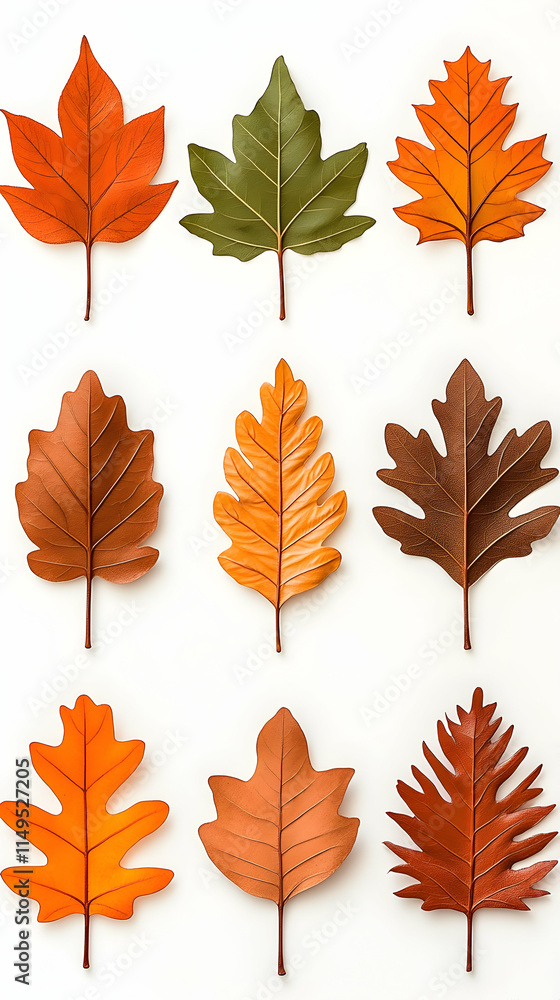 Naklejka premium Nine autumn leaves arranged on white background; fall foliage design element for seasonal projects. generative ai