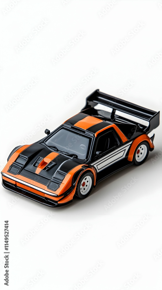 Naklejka premium Orange black diecast sports car model, studio shot, white background, toy car photography, for advertising. generative ai