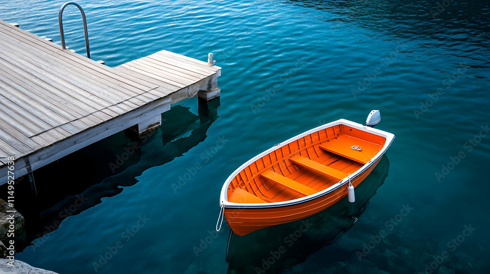 Obraz premium Orange rowboat moored at wooden dock, calm blue sea background, summer vacation travel. generative ai