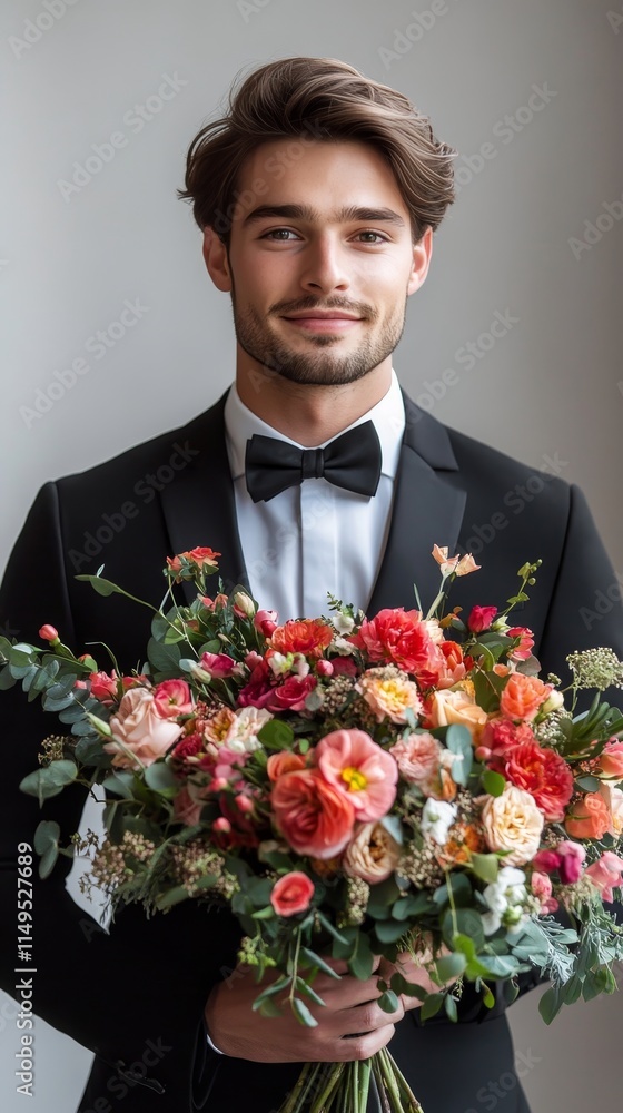 Handsome Man with Bouquet, Valentine s Day, Romance, Love, Portrait, White Background Handsome Man with Bouquet, Valentine s Day, Romance, Love, Portrait, White Background