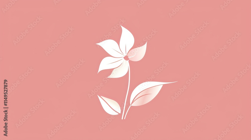 A simple white flower and leaf silhouette on a pink background. A simple white flower and leaf silhouette on a pink background.