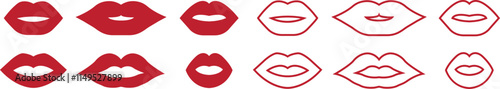 Lips gesture red flat and line icons set. Mouth expressing emotions signs. Design elements for romantic poster. love symbols. Concept of beauty and fashion print isolated on transparent background.