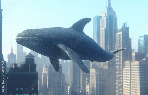 A giant whale flying over the city, creative poster photo