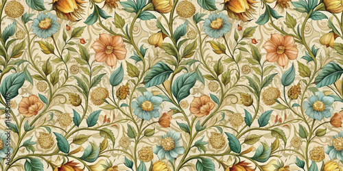 A vibrant floral pattern featuring a blend of orange, blue, and yellow flowers against a soft beige background.