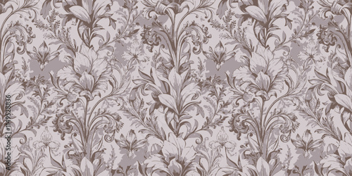 Elegant floral wallpaper in soft brown tones creates a vintage ambiance.