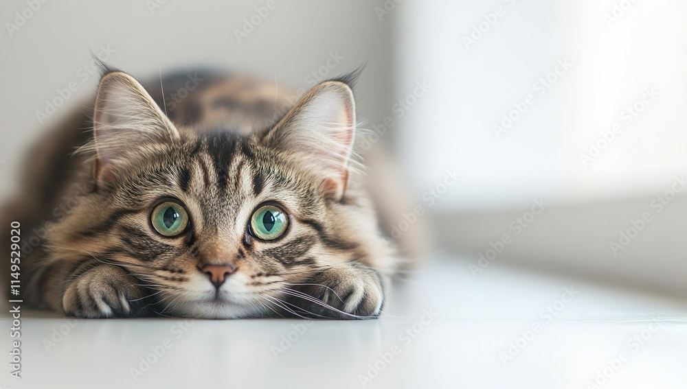 Adorable Tabby Cat with Striking Green Eyes Rests on a Surface, Displaying Intense Curiosity Adorable Tabby Cat with Striking Green Eyes Rests on a Surface, Displaying Intense Curiosity