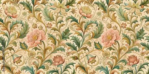 A beautifully detailed floral pattern featuring pink and green elements on a soft cream background.
