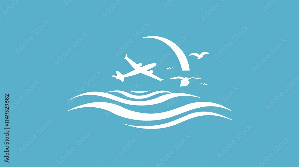 A white airplane and birds over ocean waves on a blue background. A white airplane and birds over ocean waves on a blue background.