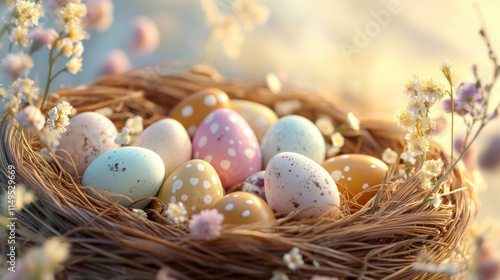 Colorful easter eggs in nest surrounded by spring blossoms