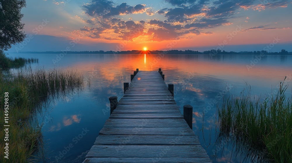 Obraz premium Serene sunrise, wooden dock, tranquil lake.