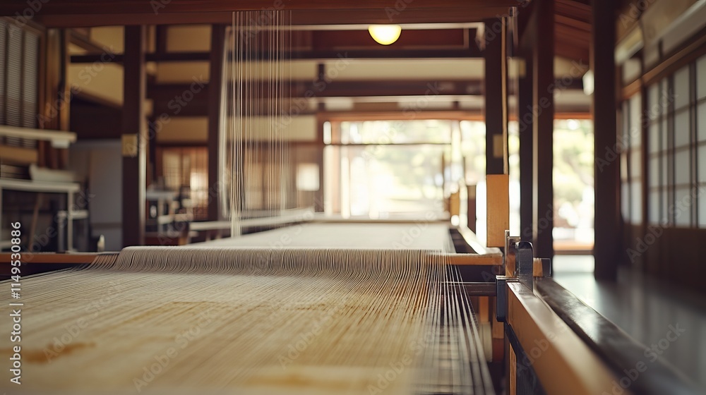 Traditional Japanese Loom Interior with Fine Silk Weaving Techniques in a Serene Setting Traditional Japanese Loom Interior with Fine Silk Weaving Techniques in a Serene Setting