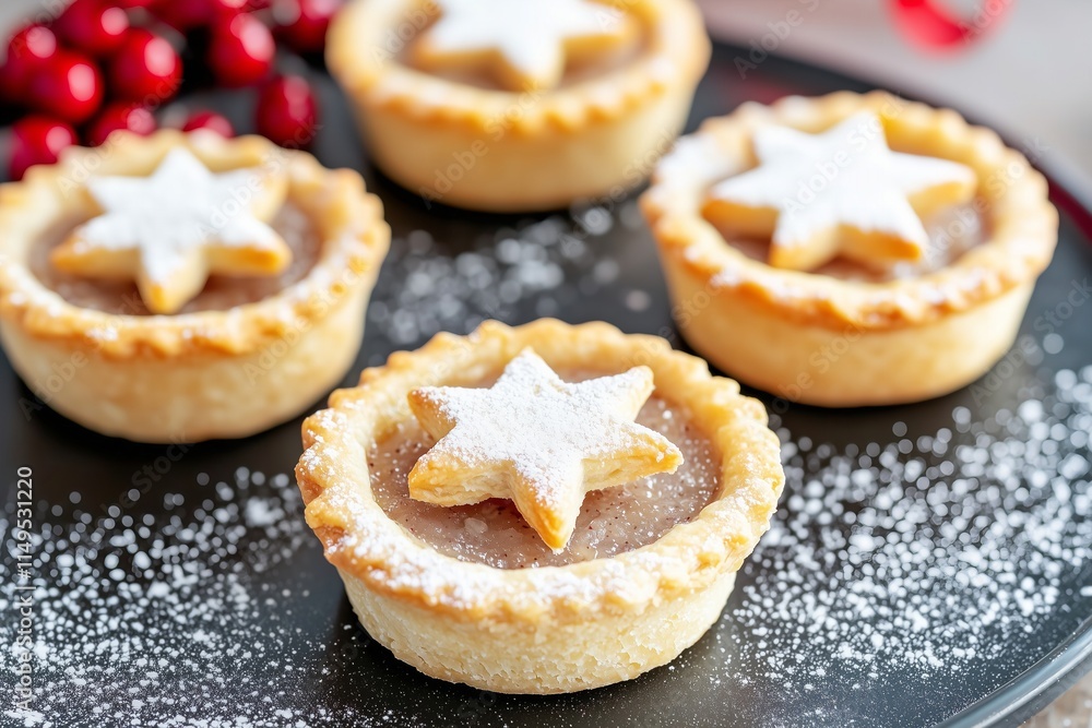 gluten-free mince pies topped with star-shaped pastry lids, arranged on a dark platter, garnished with bright red berries, festive and cozy vibe gluten-free mince pies topped with star-shaped pastry lids, arranged on a dark platter, garnished with bright red berries, festive and cozy vibe
