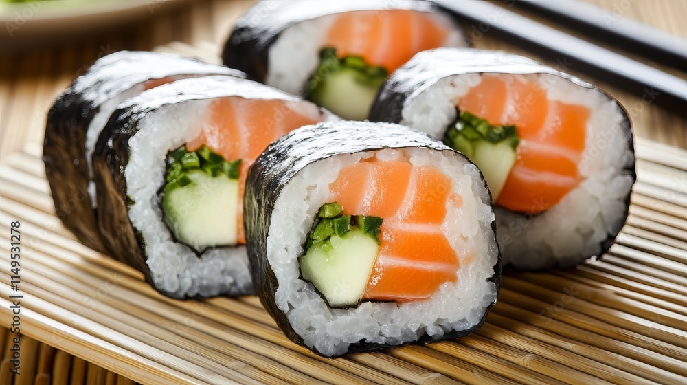 Close-Up of a Japanese Chef Preparing Fresh Sushi Rolls with Salmon and Cucumber Slices Close-Up of a Japanese Chef Preparing Fresh Sushi Rolls with Salmon and Cucumber Slices