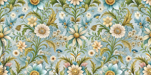 Intricate floral pattern featuring soft pastels and vibrant colors in a vintage style.