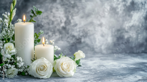 Elegant white candles and roses arrangement on a textured surface photo