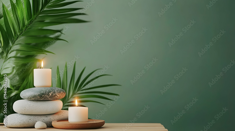 Tranquil spa candles on stones, green background, wellness, relaxation. generative ai Tranquil spa candles on stones, green background, wellness, relaxation. generative ai
