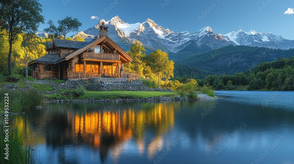 Fototapeta premium Mountain lake cabin reflection, idyllic sunset.
