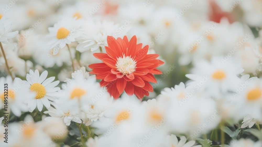 Fototapeta premium Vibrant Red Flower Surrounded by Soft White Daisies in a Beautiful Garden Setting