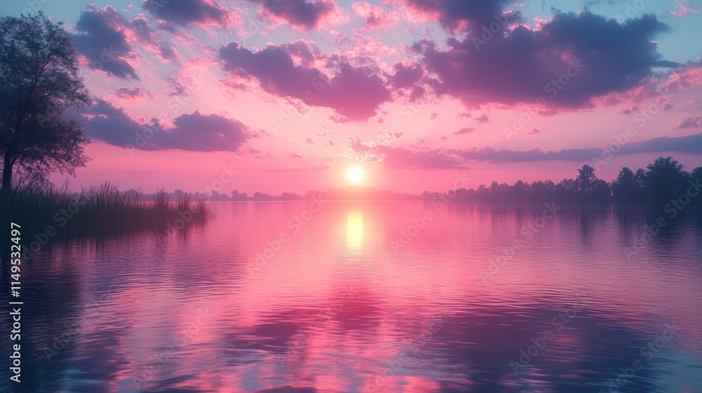 Pink sunset over calm lake, reflecting sky. Pink sunset over calm lake, reflecting sky.