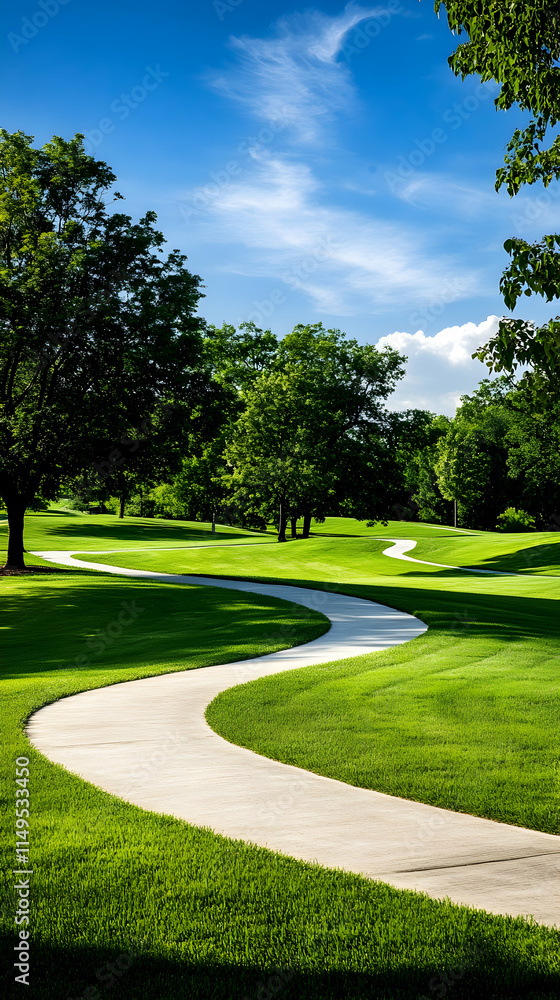 Winding path, lush golf course, sunny day, nature background, travel brochure. generative ai Winding path, lush golf course, sunny day, nature background, travel brochure. generative ai