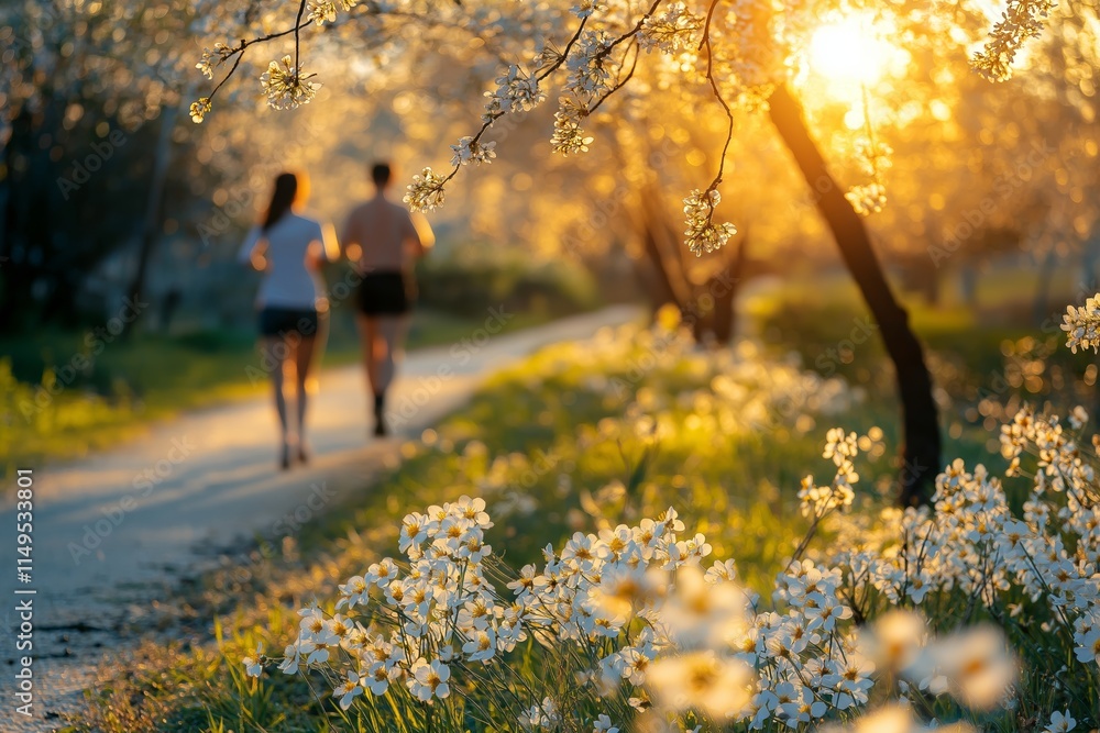 Obraz premium As the change in weather brings warmth, two runners enjoy a scenic path surrounded by blooming flowers. This thaw marks the arrival of spring, heralding nature's vibrant rebirth.