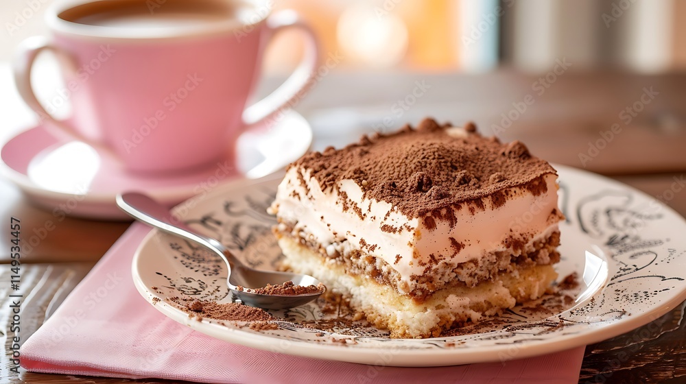 A serving of tiramisu accompanied by a spoon presented on a platter next to a charming pink coffee cup A serving of tiramisu accompanied by a spoon presented on a platter next to a charming pink coffee cup