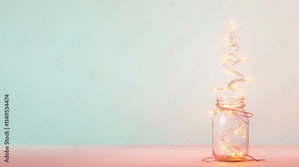 Twinkling Fairy Lights in a Jar Against a Soft Pastel Background for Cozy Home Decor Twinkling Fairy Lights in a Jar Against a Soft Pastel Background for Cozy Home Decor