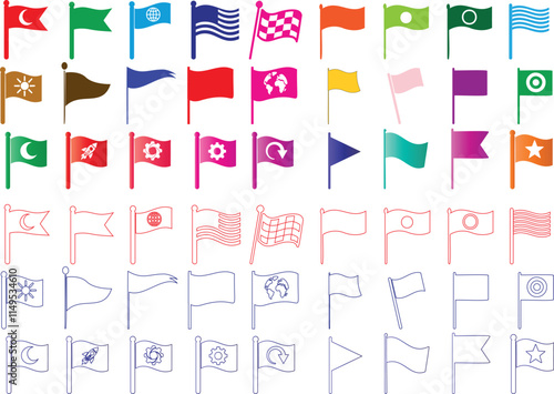 Colorful flags vector icons, global designs, flag outlines, and symbols in diverse styles for branding, events, or decorations. Perfect flag illustration for graphic design, marketing projects