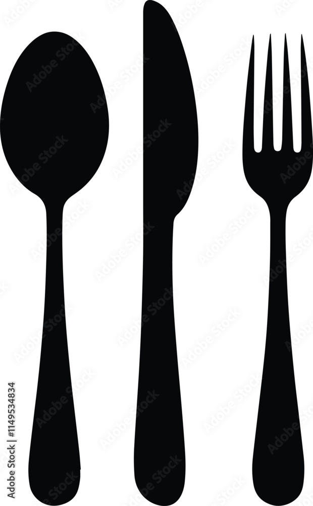 Black Vector Silhouette of Kitchen Utensils on a Pure White Background, Minimalist Design for Culinary and Cooking Themes Black Vector Silhouette of Kitchen Utensils on a Pure White Background, Minimalist Design for Culinary and Cooking Themes
