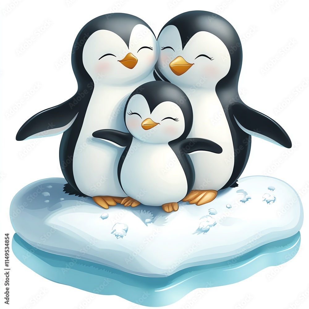 Obraz premium A heartwarming illustration of three cheerful penguins on an ice floe.