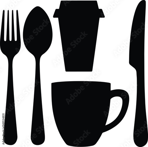 Black Vector Silhouette of Kitchen Utensils on a Pure White Background, Minimalist Design for Culinary and Cooking Themes