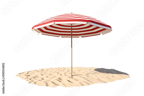 A striped beach umbrella stands on sandy ground, providing shade with its vibrant red and white colors.