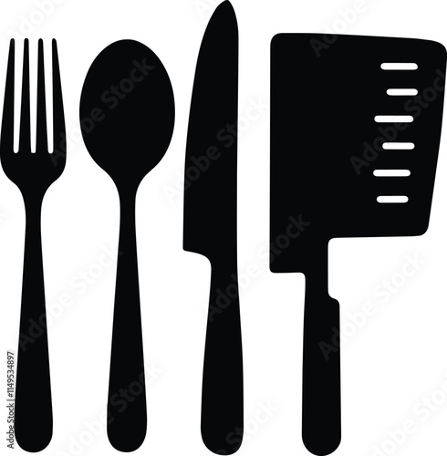 Black Vector Silhouette of Kitchen Utensils on a Pure White Background, Minimalist Design for Culinary and Cooking Themes