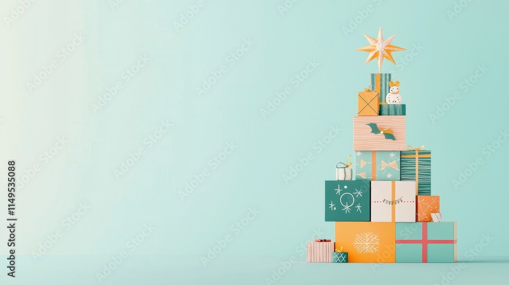 Fototapeta premium Colorful Christmas gift boxes stacked on a light background for holiday celebrations and festive decorations