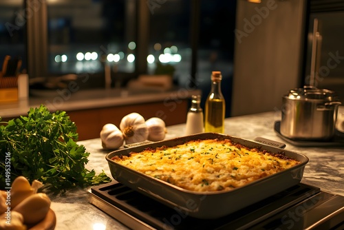 A modern gratin dish of French brandade de morue on a sleek countertop, surrounded by potatoes, garlic, salted cod, parsley, and olive oil in soft light photo