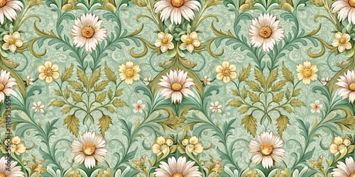 A vibrant floral pattern featuring daisies and blossoms on a soft mint background.