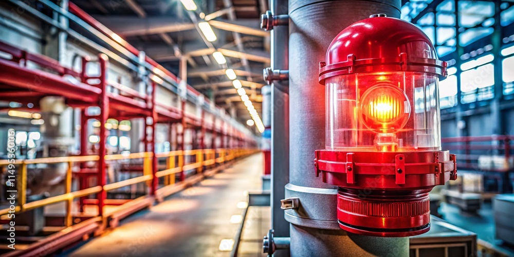 Naklejka premium Red Emergency Light Alarm in Industrial Factory - Safety Warning Signal