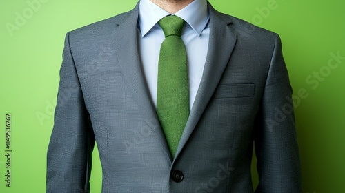 A Grey Suit with a Green Tie Against a Green Background