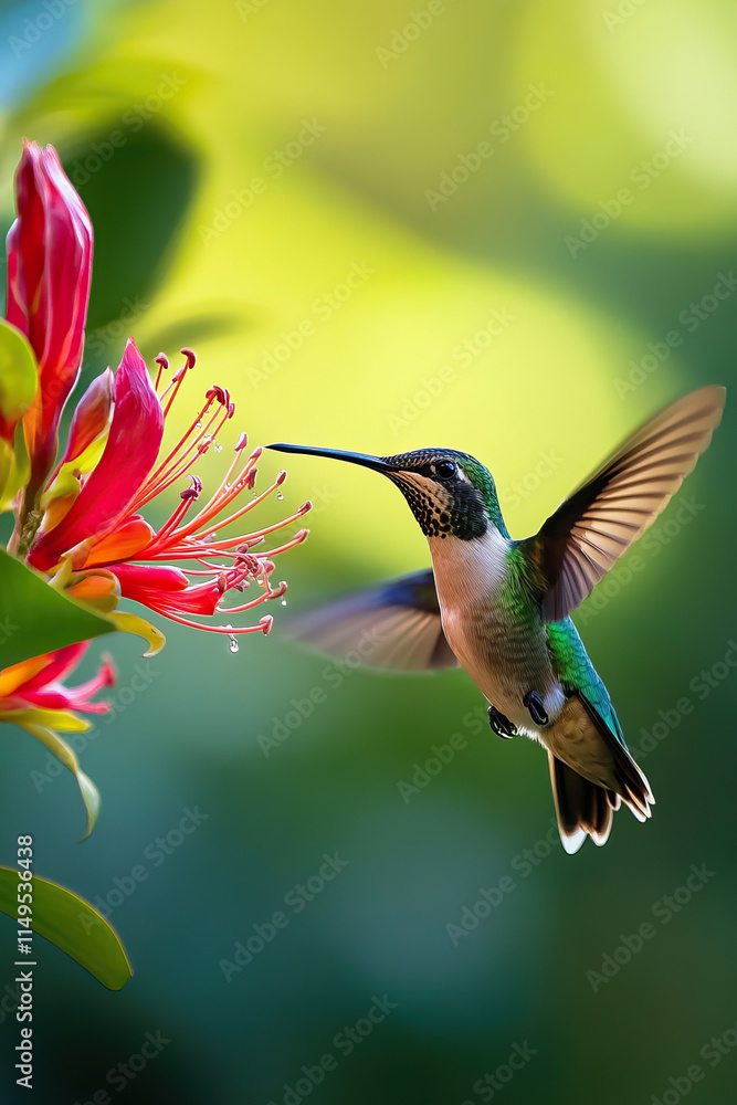 Fototapeta premium A hummingbird with shimmering green feathers hovering mid-air feeding on pink flowers with a blurred green background