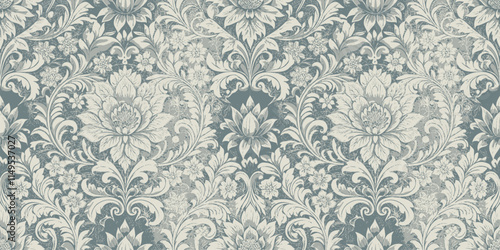 Elegant vintage floral wallpaper featuring intricate designs in soft blue and cream tones.