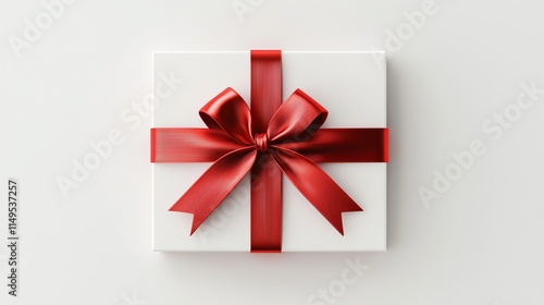 Elegant gift box with a vibrant red ribbon on a minimalistic light background perfect for celebrations and special occasions