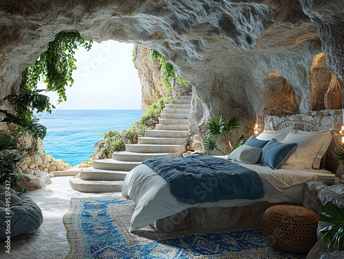 Fototapeta Naklejka Na Ścianę i Meble -  a cave bedroom with a bed, a staircase, and ocean views. The space is decorated with plants and includes lanterns for lighting.