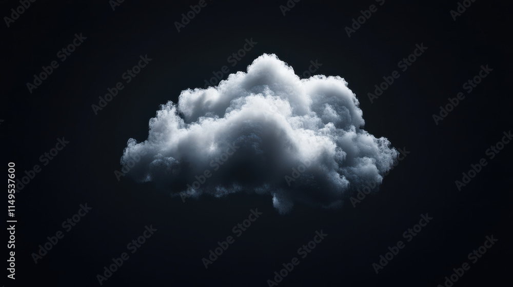 A close-up, ultra-realistic shot of a dense white cloud floating isolated in a dark void, capturing intricate fibers and soft edges, with natural depth and shading that gives a lifelike volumetric eff A close-up, ultra-realistic shot of a dense white cloud floating isolated in a dark void, capturing intricate fibers and soft edges, with natural depth and shading that gives a lifelike volumetric eff