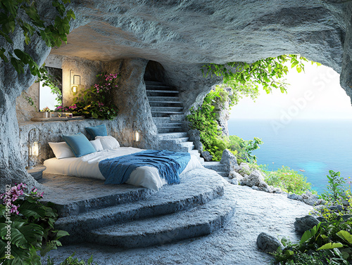 a cave bedroom with a bed, a staircase, and ocean views. The space is decorated with plants and includes lanterns for lighting. photo