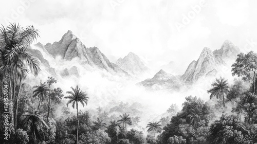 Fototapeta Naklejka Na Ścianę i Meble -  wallpaper vintage landscape drawing of jungle mountains with trees fog and clouds in black and white design for wallpaper, wall art, print, fresco, mural