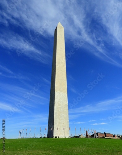 the washington monument and surrounding american flags on a sunny winter day on the national mall in washington, d.c. photo